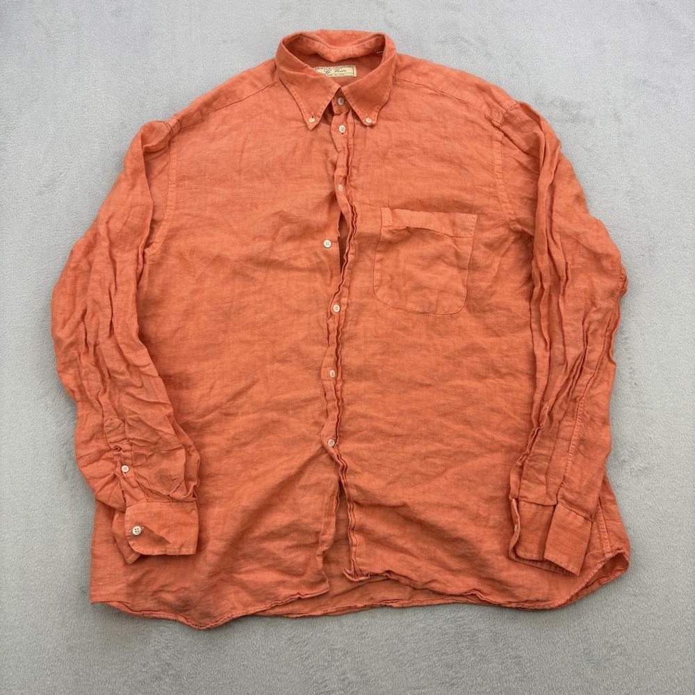 G Vasta Shirt Mens 2XL 17/43 Orange 100% Linen Button Down Long Sleeve Beach